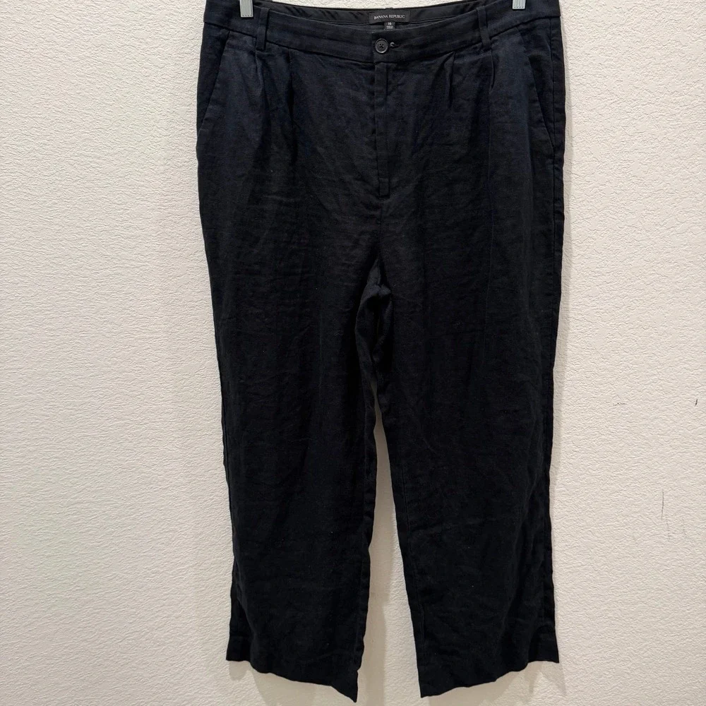 Banana Republic Womens Black Linen Blend Straight Leg Trousers Size 16
